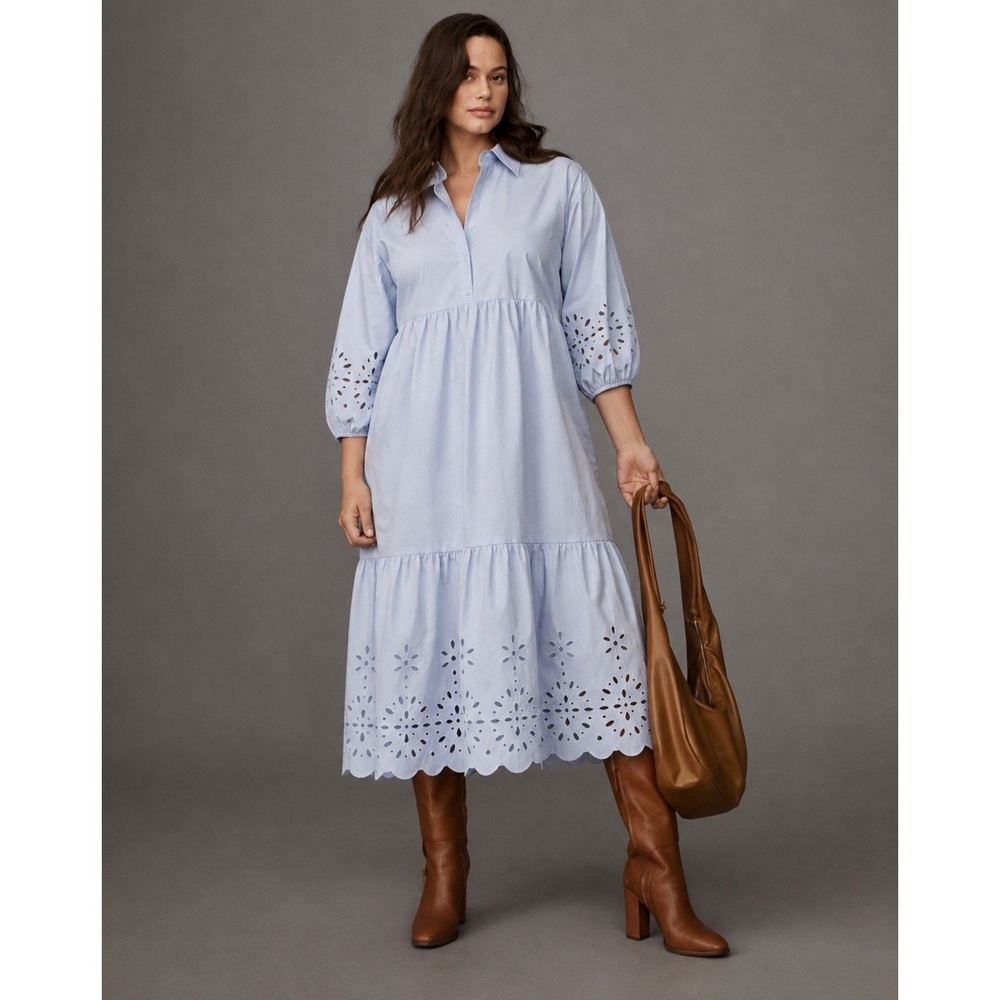 Maeve Anthropologie Bettina Tiered Shirt Dress Eyelet Blue Cotton Plus Size 1X